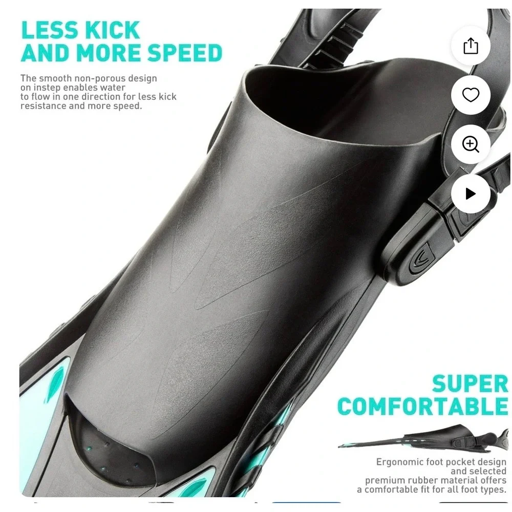 CAPAS Snorkel Fins Black Teal Open‎ Heel Adjustable Travel Flippers S/MD JR 9-13